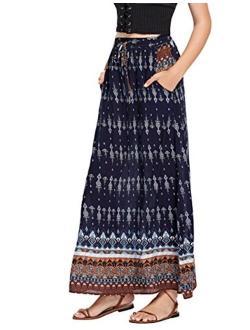 Women's Boho Vintage Print Pockets Side A Line Maxi Skirt