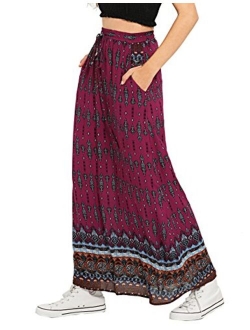 Women's Boho Vintage Print Pockets Side A Line Maxi Skirt