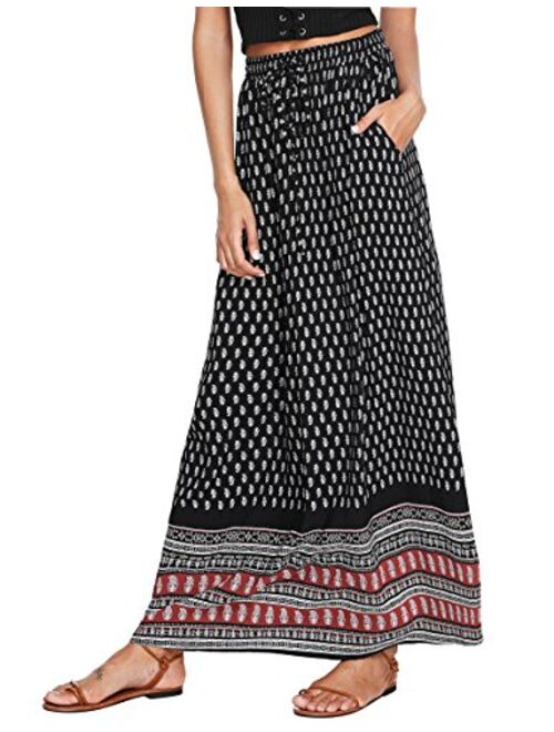 Milumia Women's Boho Vintage Print Pockets Side A Line Maxi Skirt