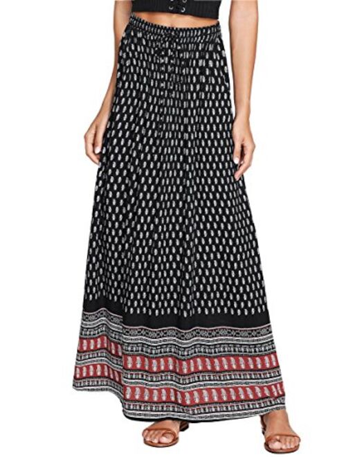 Milumia Women's Boho Vintage Print Pockets Side A Line Maxi Skirt