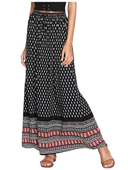 Milumia Women's Boho Vintage Print Pockets Side A Line Maxi Skirt