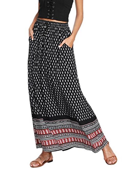 Milumia Women's Boho Vintage Print Pockets Side A Line Maxi Skirt