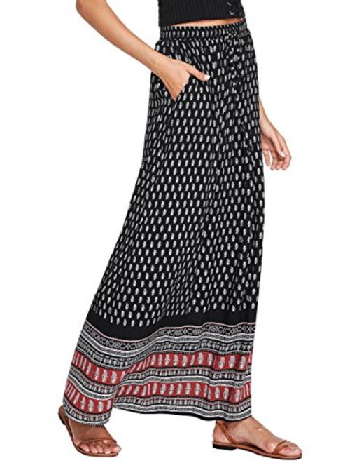 Milumia Women's Boho Vintage Print Pockets Side A Line Maxi Skirt