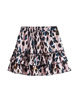 Women's Leopard Print Drawstring Waist Layer Ruffle Hem Short Skirt