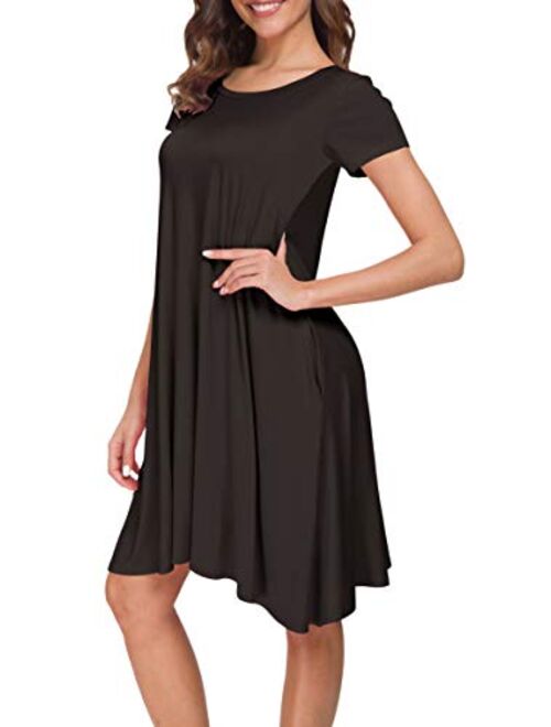 Afibi Womens Short Sleeve Loose Pockets Dress Casual Swing T-Shirt Dresses