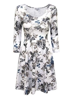 TAM WARE Women Elegant Floral Print 3/4 Sleeve Scoop Neck Flare Dress