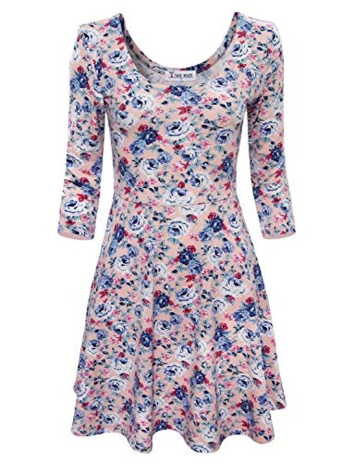 TAM WARE Women Elegant Floral Print 3/4 Sleeve Scoop Neck Flare Dress