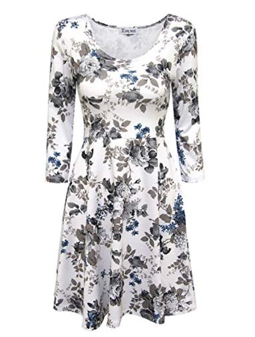 TAM WARE Women Elegant Floral Print 3/4 Sleeve Scoop Neck Flare Dress