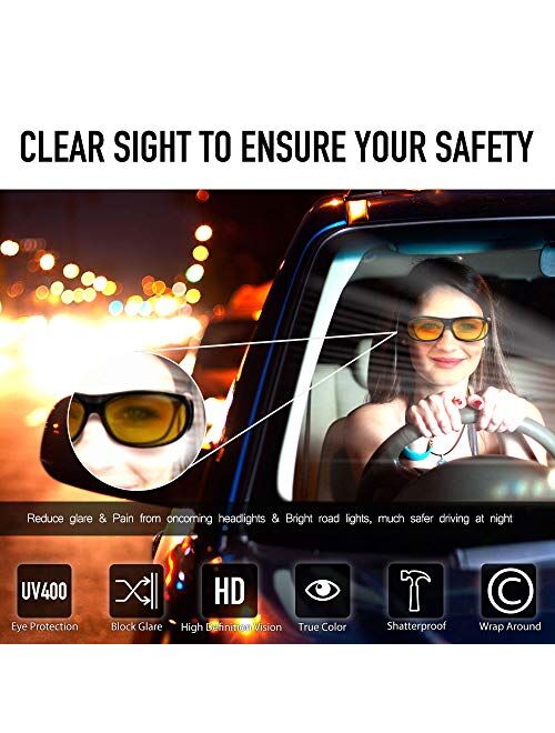 Bloomoak Wear Over Night Driving Glasses - for Men & Women/Wrap Around/Anti-Glare UV 400 Protection/Computing (Night Vision Lens)