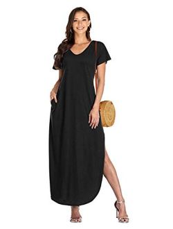 Celmia Womens Tshirt Long Dress Side Slit Maxi Dresses Casual Short Sleeve with Pockets