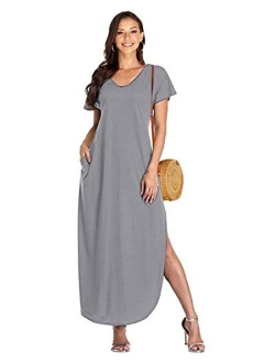 Celmia Womens Tshirt Long Dress Side Slit Maxi Dresses Casual Short Sleeve with Pockets