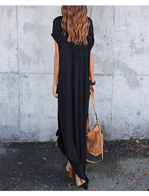 Celmia Womens Tshirt Long Dress Side Slit Maxi Dresses Casual Short Sleeve with Pockets