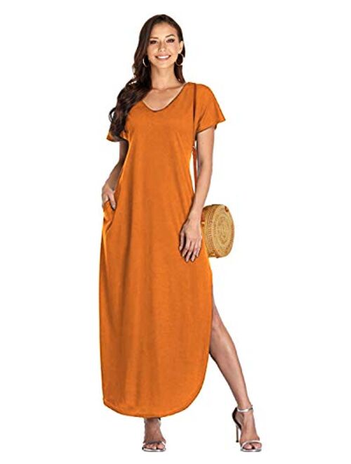 Celmia Womens Tshirt Long Dress Side Slit Maxi Dresses Casual Short Sleeve with Pockets