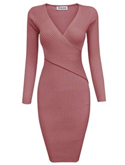 TAM WARE Womens Stylish Surplice Wrap Bodycon Knit Midi Dress