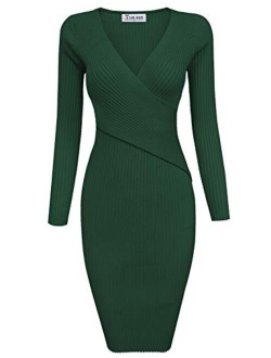 TAM WARE Womens Stylish Surplice Wrap Bodycon Knit Midi Dress