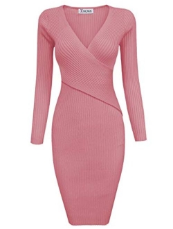 TAM WARE Womens Stylish Surplice Wrap Bodycon Knit Midi Dress