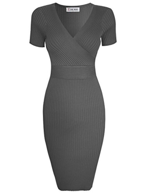 TAM WARE Womens Stylish Surplice Wrap Bodycon Knit Midi Dress