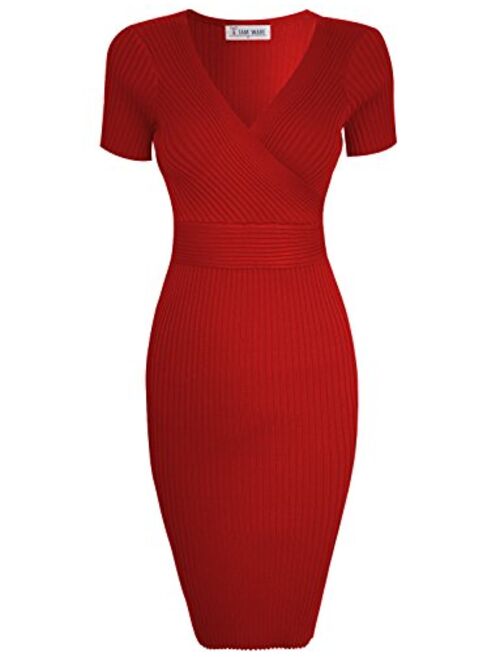 TAM WARE Womens Stylish Surplice Wrap Bodycon Knit Midi Dress