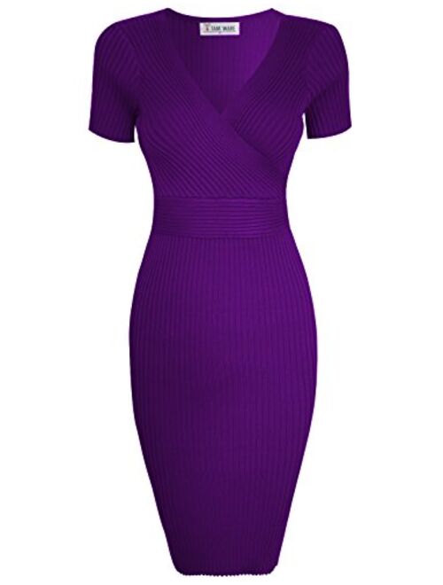 TAM WARE Womens Stylish Surplice Wrap Bodycon Knit Midi Dress