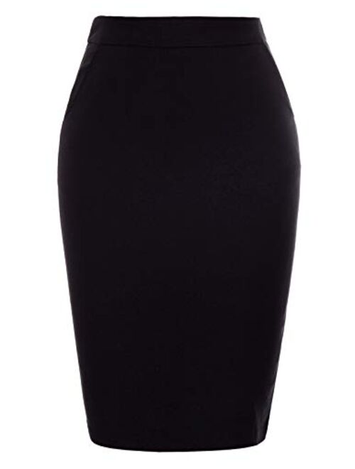 Kate Kasin Womens Knee Length Elastic Waist Stretchy Bodycon Business Pencil Skirt