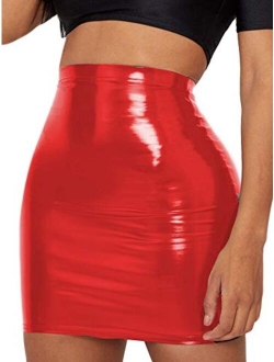 Eliacher Women's Shiny Liquid Metallic Wet Look Flared Bodycon Pencil Skirts Sexy Short PU Skirts