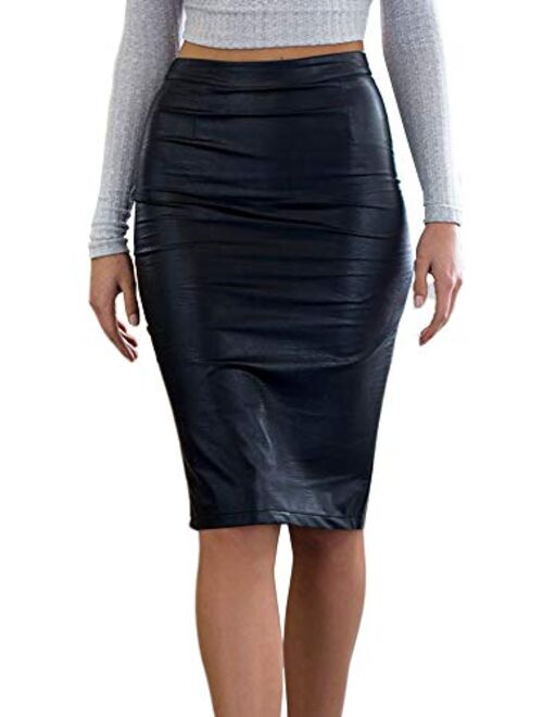 Eliacher Women's Shiny Liquid Metallic Wet Look Flared Bodycon Pencil Skirts Sexy Short PU Skirts