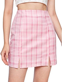 Women's Basic High Waist Bodycon Mini Plaid Uniform Skirt