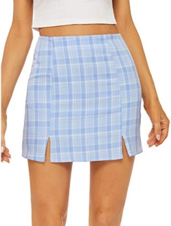 Women's Basic High Waist Bodycon Mini Plaid Uniform Skirt