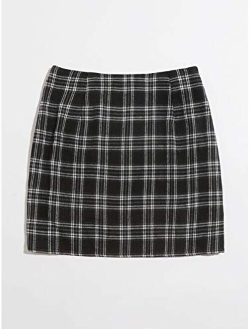 WDIRARA Women's Basic High Waist Bodycon Mini Plaid Uniform Skirt