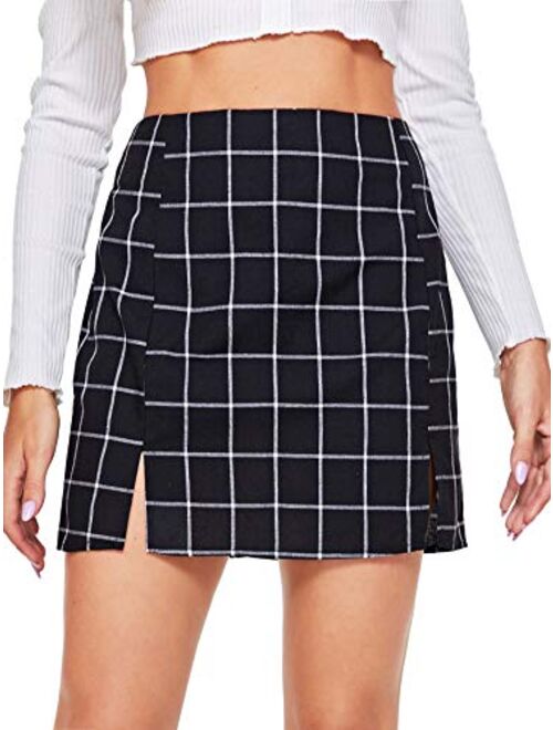 WDIRARA Women's Basic High Waist Bodycon Mini Plaid Uniform Skirt