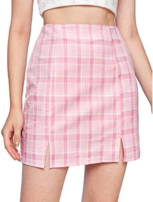 WDIRARA Women's Basic High Waist Bodycon Mini Plaid Uniform Skirt