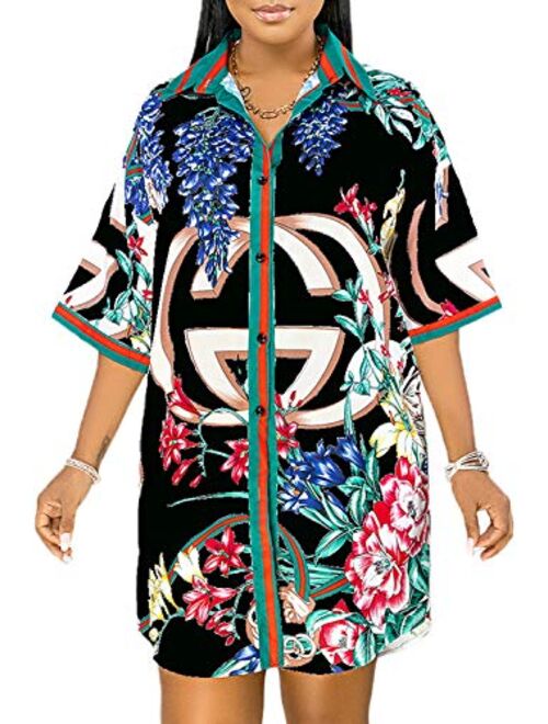 Women's Sexy Floral Print Simple Button Down Short Sleeve Collar Loose T-Shirt Blouse Tops Mini Dress