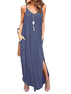 TODOLOR Women's Summer Casual Loose Dress Sleeveless Beach Cover Up Long Cami Maxi Dresses with Pocket