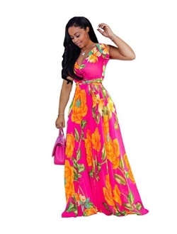 lvenzse Womens Maxi Dress Boho Chiffon Floral Printed Long Party Dresses Plus Size with Belt (FBA)