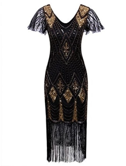 VIJIV Women's 1920s Gatsby Inspired Sequin Beads Long Fringe Flapper Dress with Sleeves