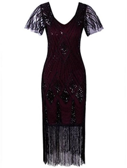 VIJIV Women's 1920s Gatsby Inspired Sequin Beads Long Fringe Flapper Dress with Sleeves