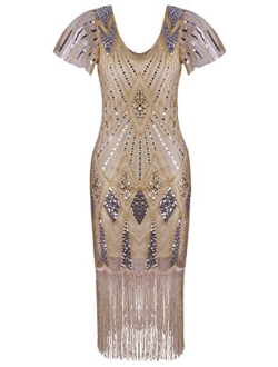 VIJIV Women's 1920s Gatsby Inspired Sequin Beads Long Fringe Flapper Dress with Sleeves