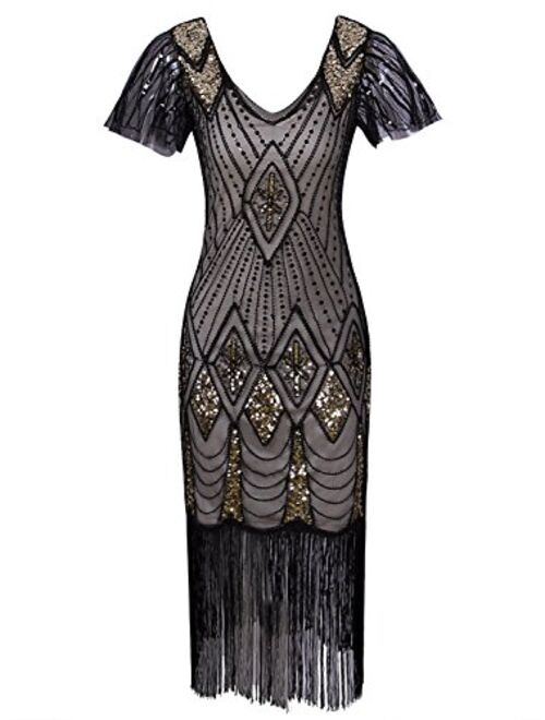 VIJIV Women's 1920s Gatsby Inspired Sequin Beads Long Fringe Flapper Dress with Sleeves