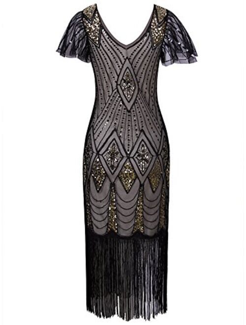 VIJIV Women's 1920s Gatsby Inspired Sequin Beads Long Fringe Flapper Dress with Sleeves