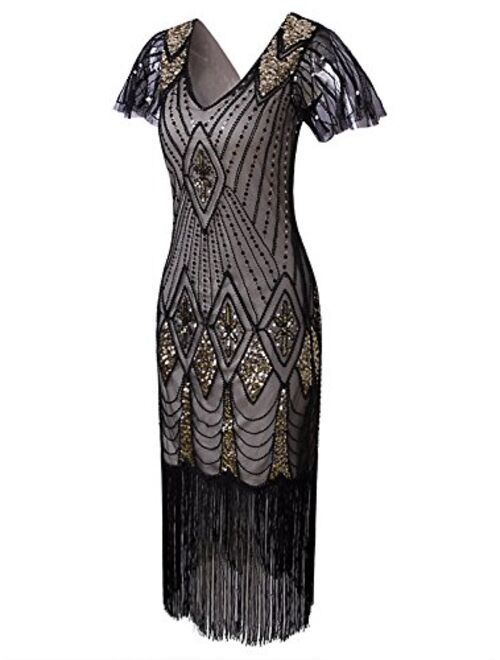 VIJIV Women's 1920s Gatsby Inspired Sequin Beads Long Fringe Flapper Dress with Sleeves