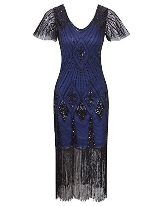 VIJIV Women's 1920s Gatsby Inspired Sequin Beads Long Fringe Flapper Dress with Sleeves