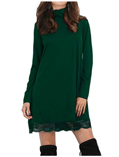 Leadingstar Women Basic Turtleneck Cotton Lace Casual Dress