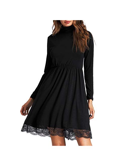 Leadingstar Women Basic Turtleneck Cotton Lace Casual Dress