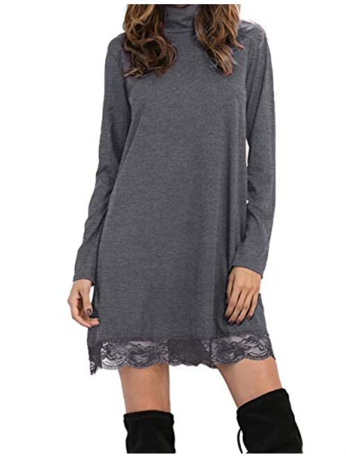 Leadingstar Women Basic Turtleneck Cotton Lace Casual Dress