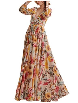 ASMAX HaoDuoYi Women's Tropical Floral Print Pleated Tunic V Neck Wedding Maxi Dress