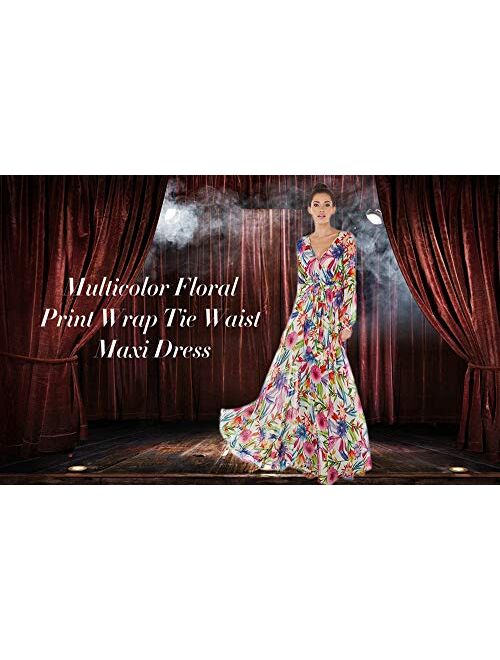 ASMAX HaoDuoYi Women's Tropical Floral Print Pleated Tunic V Neck Wedding Maxi Dress