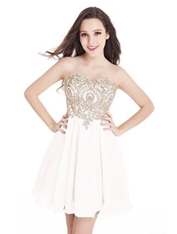 Babyonline Junior's Gold Lace Applique Short Embellished Quinceanera Homecoming Dresses