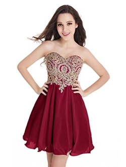 Babyonline Junior's Gold Lace Applique Short Embellished Quinceanera Homecoming Dresses