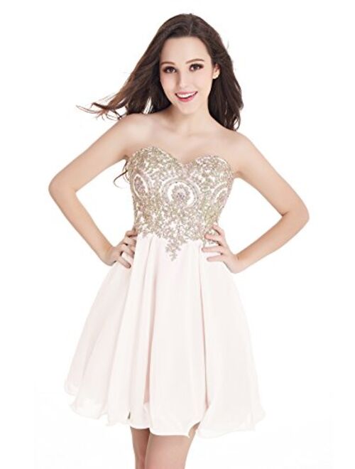 Babyonline Junior's Gold Lace Applique Short Embellished Quinceanera Homecoming Dresses