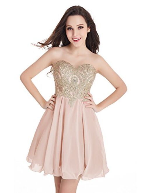 Babyonline Junior's Gold Lace Applique Short Embellished Quinceanera Homecoming Dresses